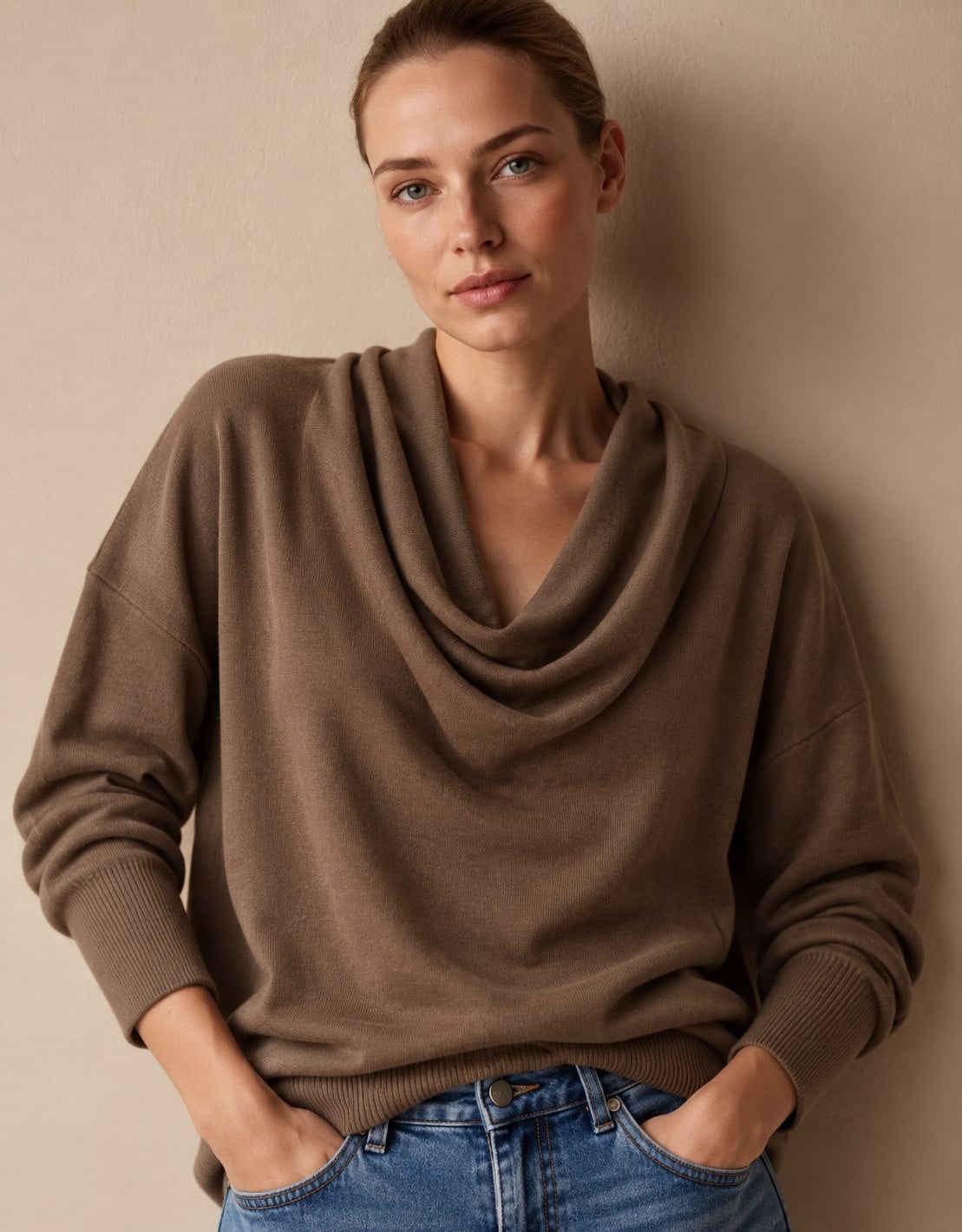 Brown cowl neck sweater, front view with draped neckline 2