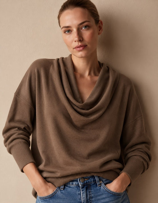Brown cowl neck sweater, front view with draped neckline 2