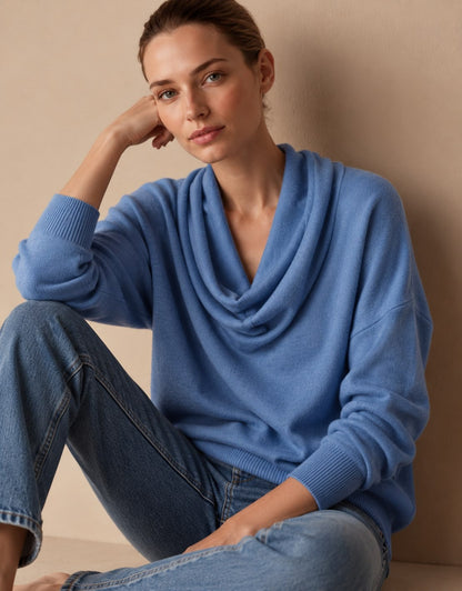 Blue cowl neck knit pullover sweater 4