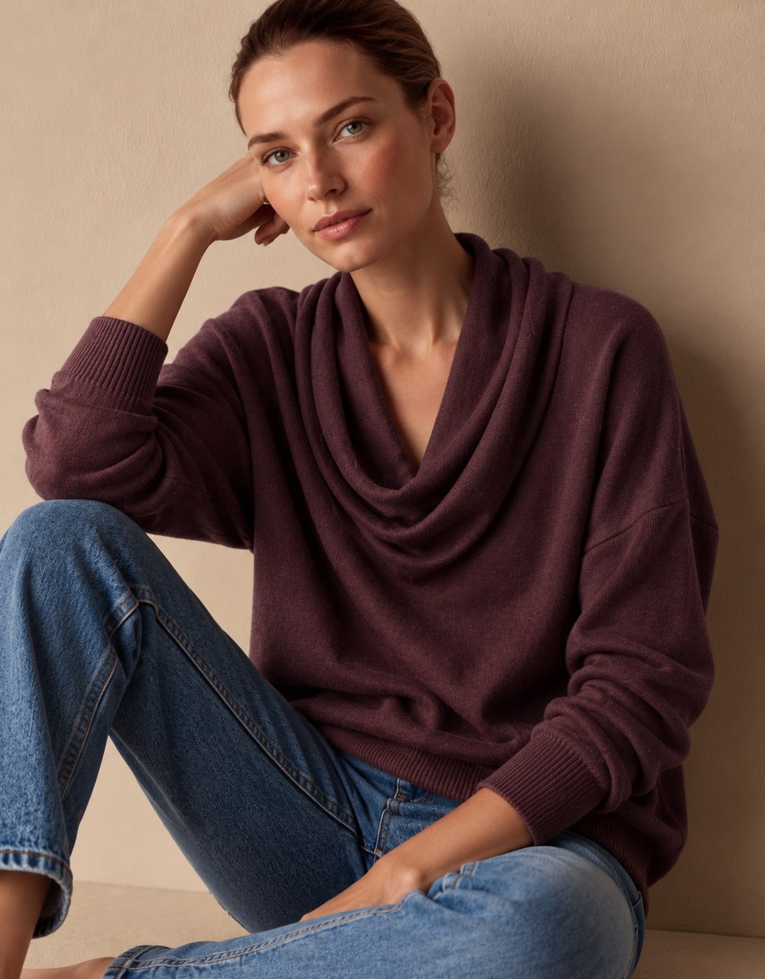 Dark purple cowl neck knit pullover sweater 5