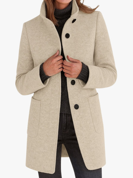 Light beige wool-look coat with stand collar and side pockets 1