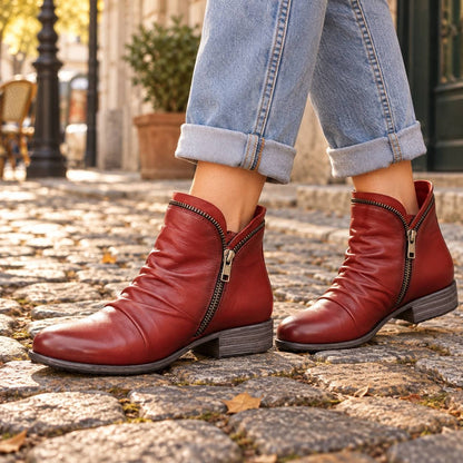 Red faux leather ankle boots on cobblestones 3