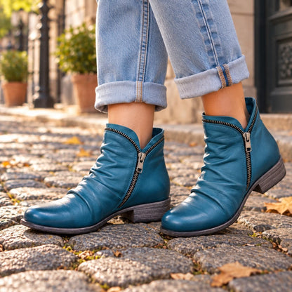 Blue faux leather ankle boots on cobblestones 5