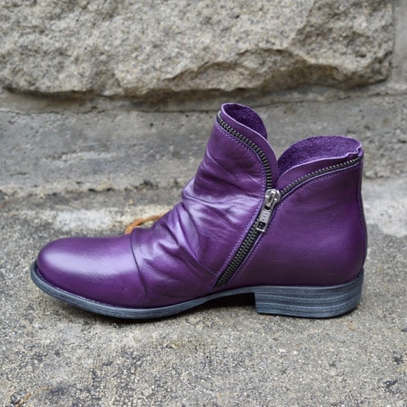 Purple ankle boot with side zip, side view 10