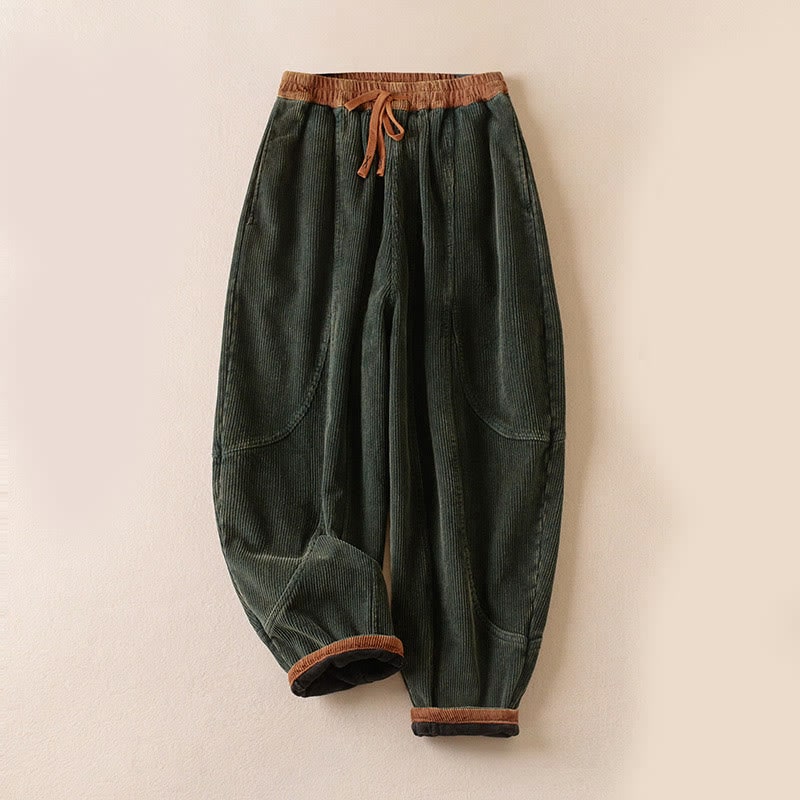 Forest green corduroy harem pants, front view 2