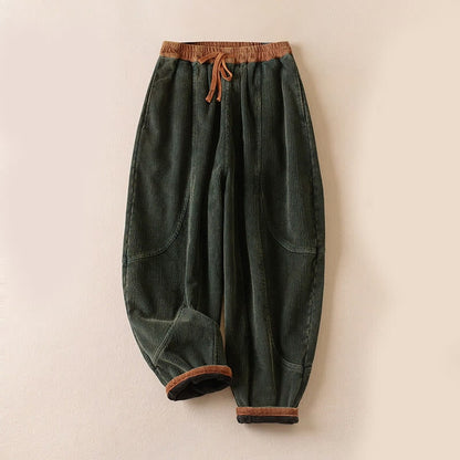 Forest green corduroy harem pants, front view 2
