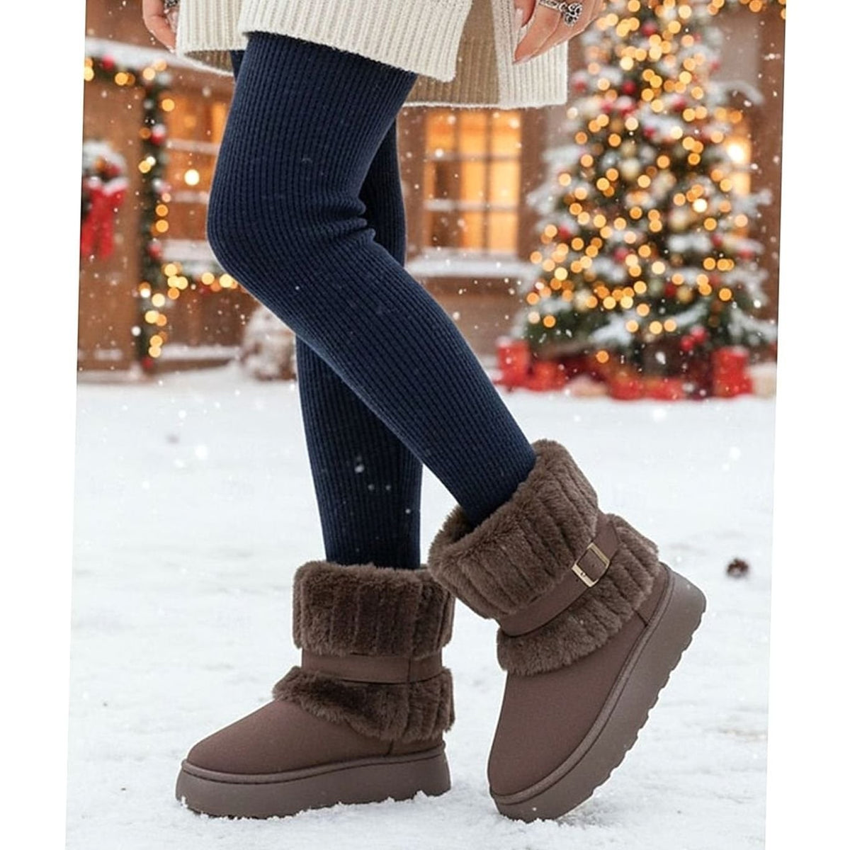Brown fur-trimmed snow boots on a snowy street with festive lights 3