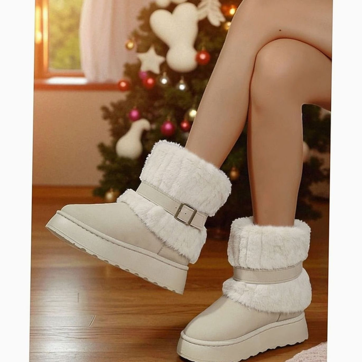 Beige fur-trimmed snow boots, side view by the Christmas tree 8