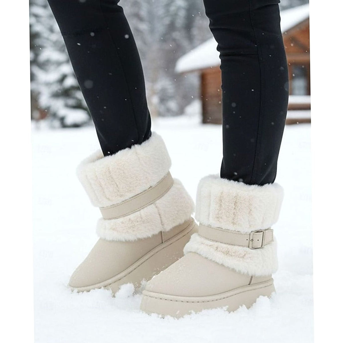 Beige fur-trimmed snow boots worn in the snow 9