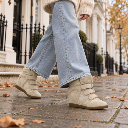 Women's hidden wedge high-top sneakers in beige suede look, worn with wide-leg jeans 1