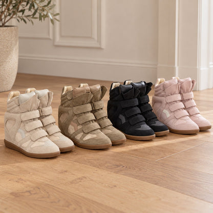 Hidden wedge high-top sneakers in beige, taupe, black and pink 2