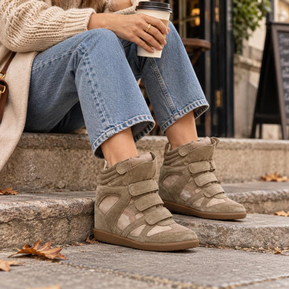 Hidden wedge high-top sneakers in taupe with three velcro straps 3