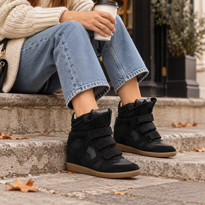 Hidden wedge high-top sneakers in black suede look 4