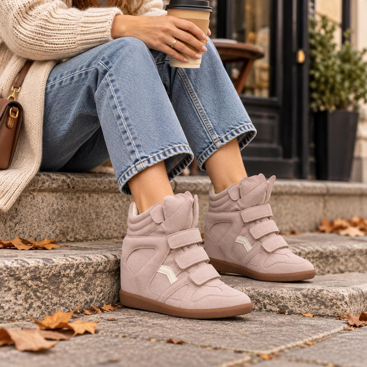 Hidden wedge high-top sneakers in pink suede look 5