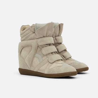 Pair of beige hidden wedge sneakers with velcro straps, side view 6