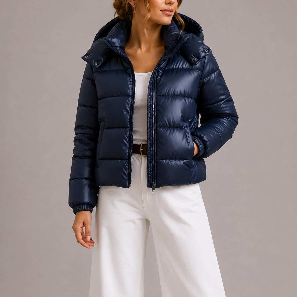 Navy puffer jacket with the full-zip front slightly open 3
