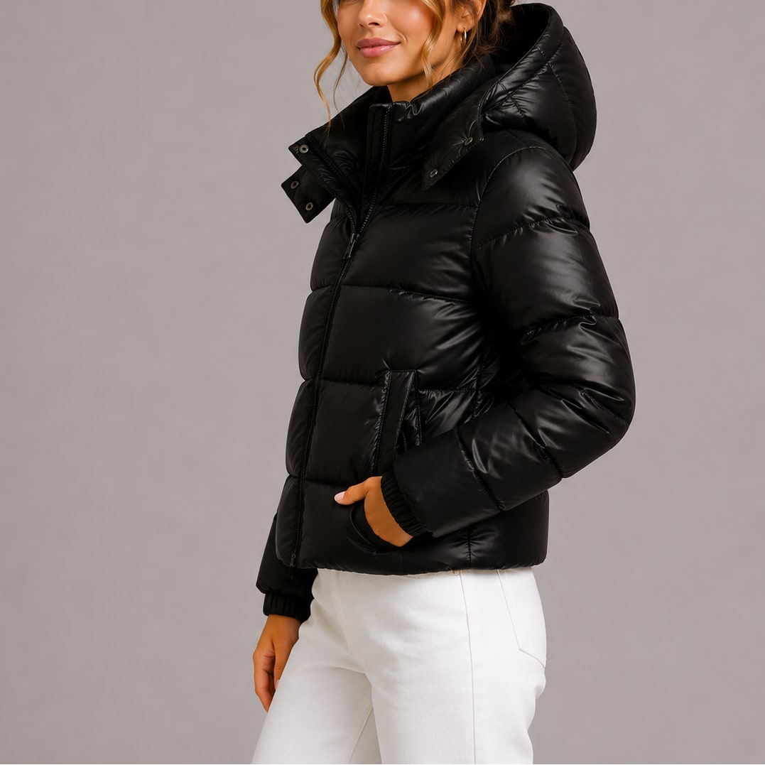 Black glossy hooded puffer jacket, side view 4
