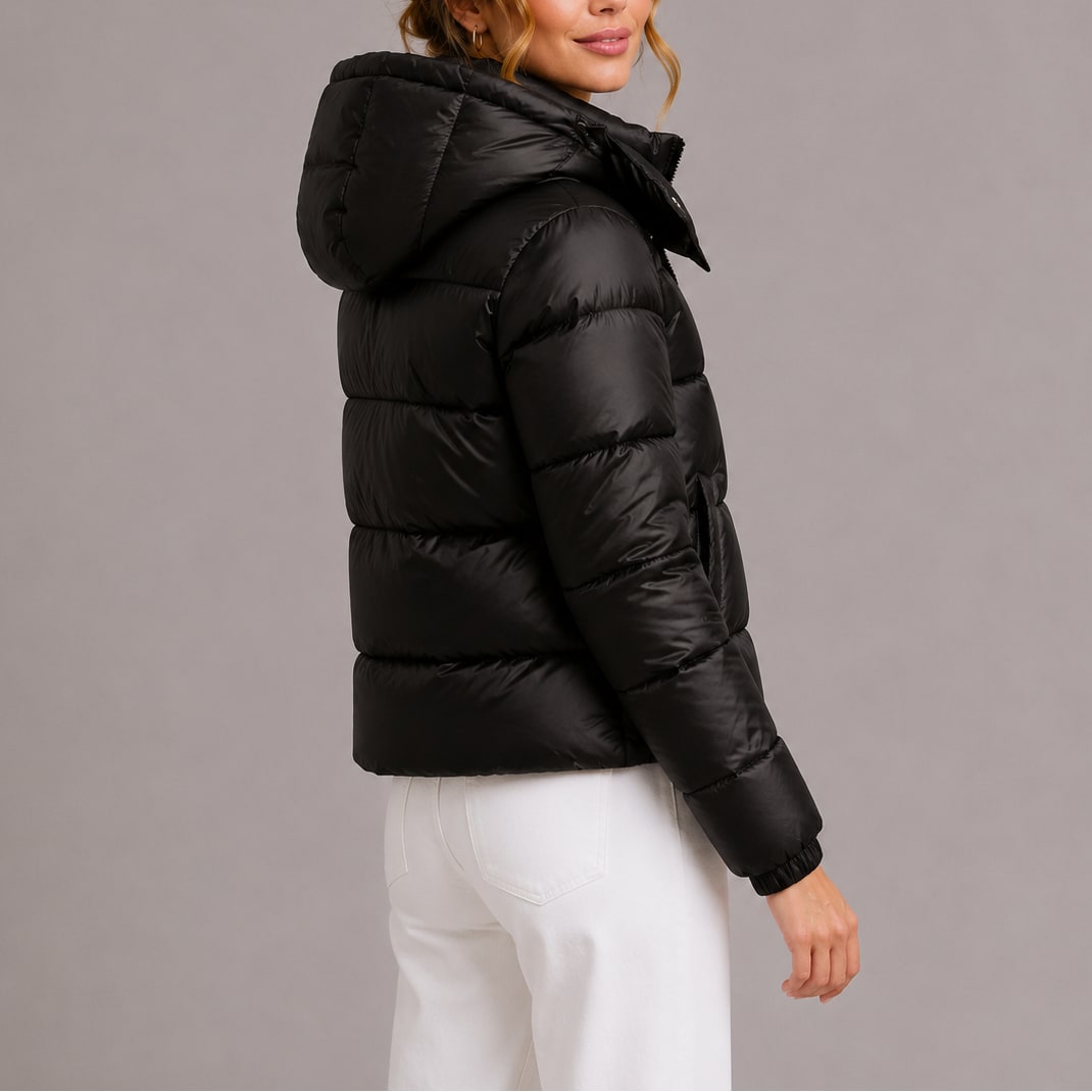 Black puffer jacket, back view with hood 5