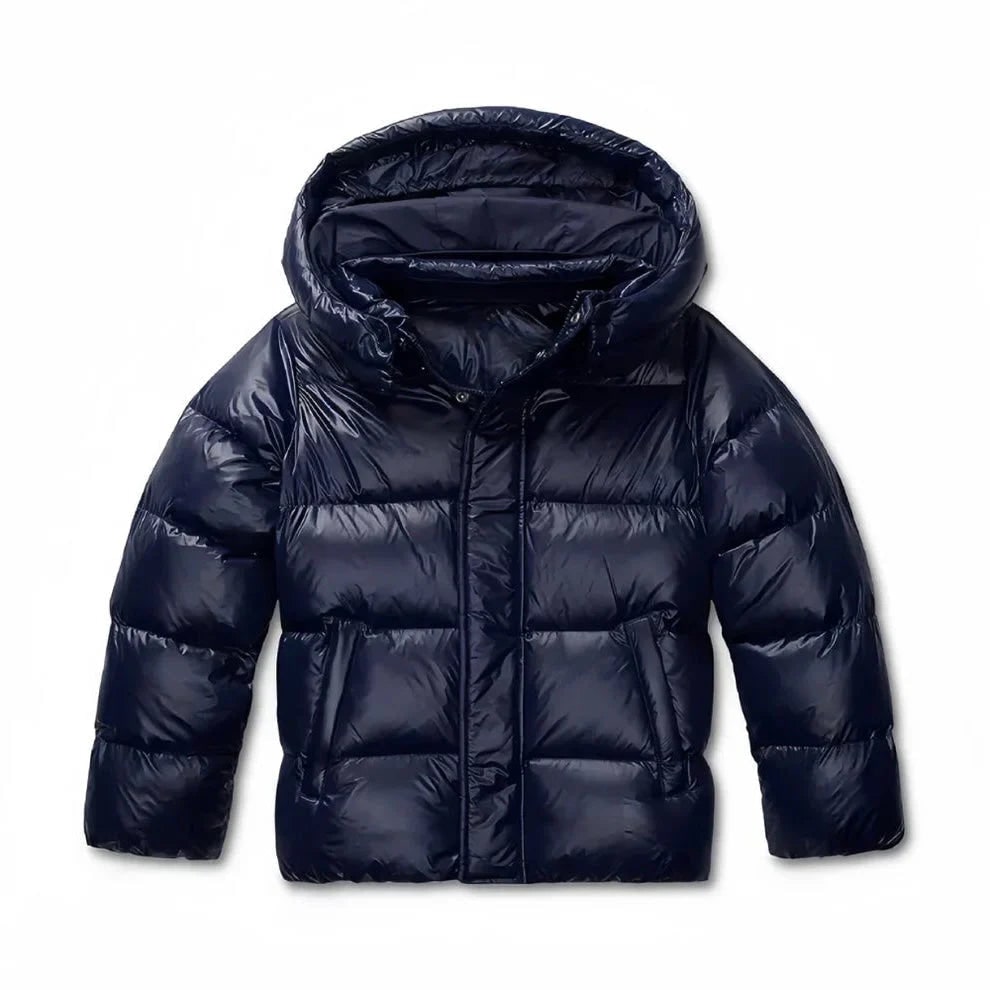 Navy puffer jacket laid flat, front with hood 6