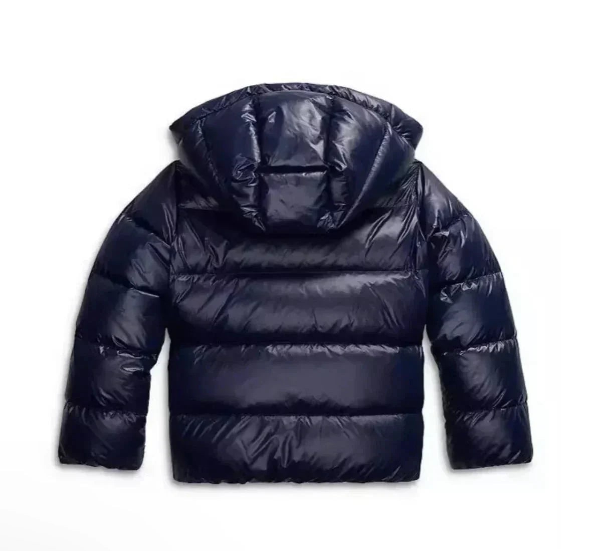 Navy puffer jacket laid flat, back with hood 7