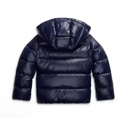 Navy puffer jacket laid flat, back with hood 7