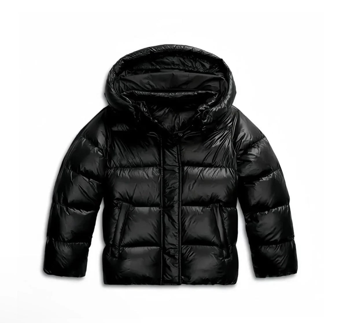 Black puffer jacket laid flat, front with hood 8