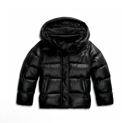 Black puffer jacket laid flat, front with hood 8