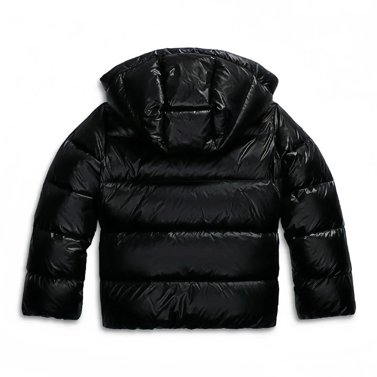 Black puffer jacket laid flat, back with hood 9