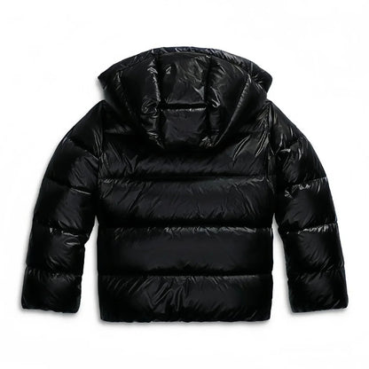 Black puffer jacket laid flat, back with hood 9