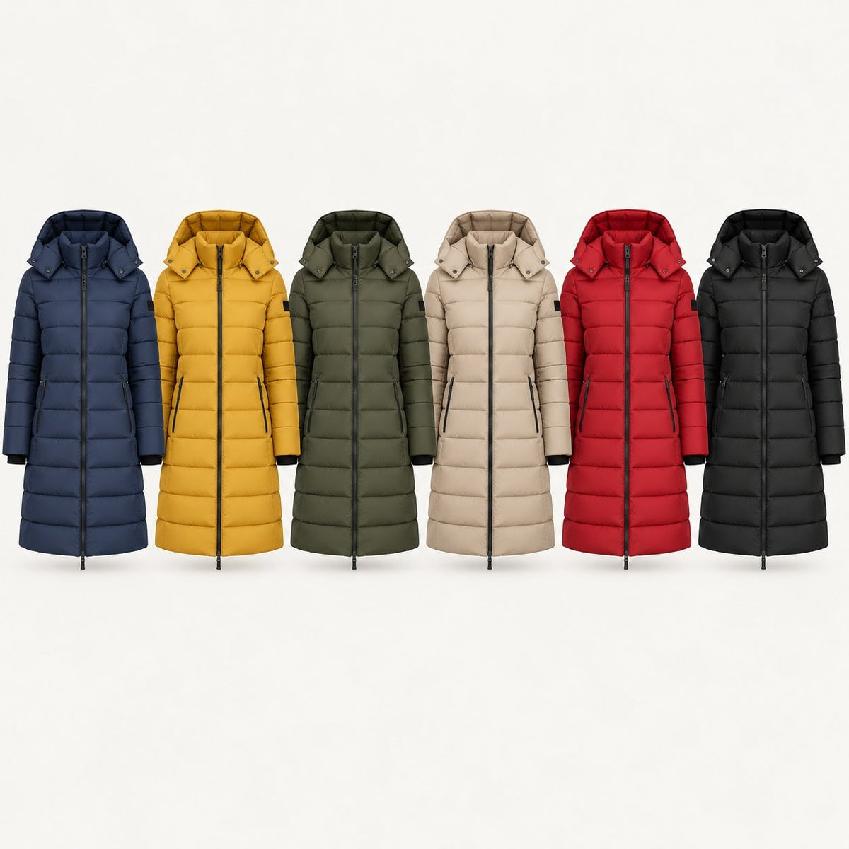 Long hooded puffer coat in navy, yellow, green, beige, red and black 2