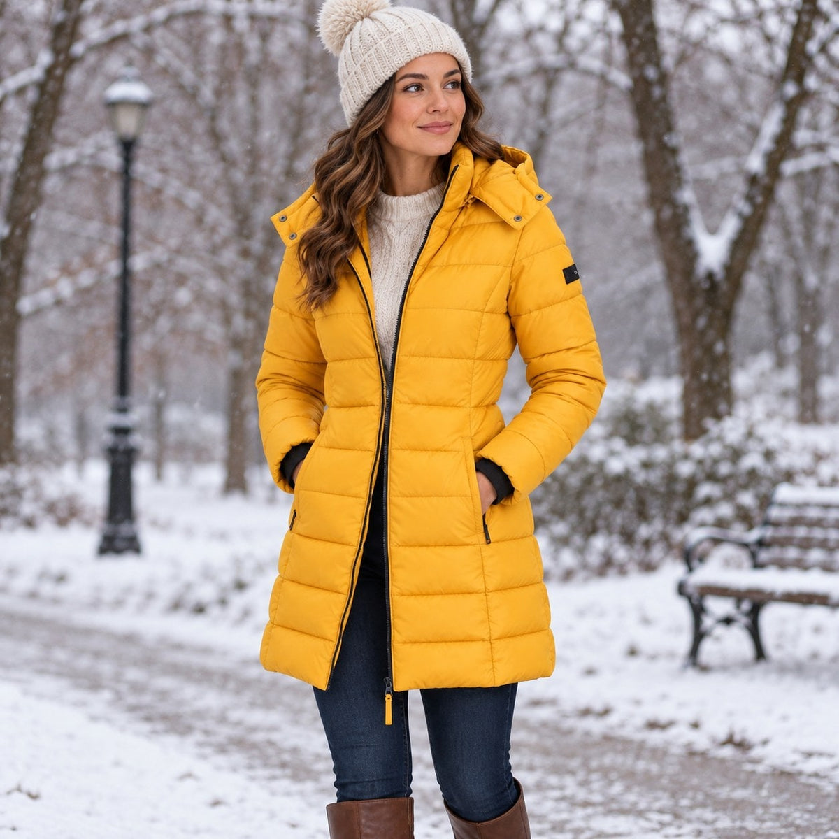 Yellow long puffer coat with hood and knit hat 4