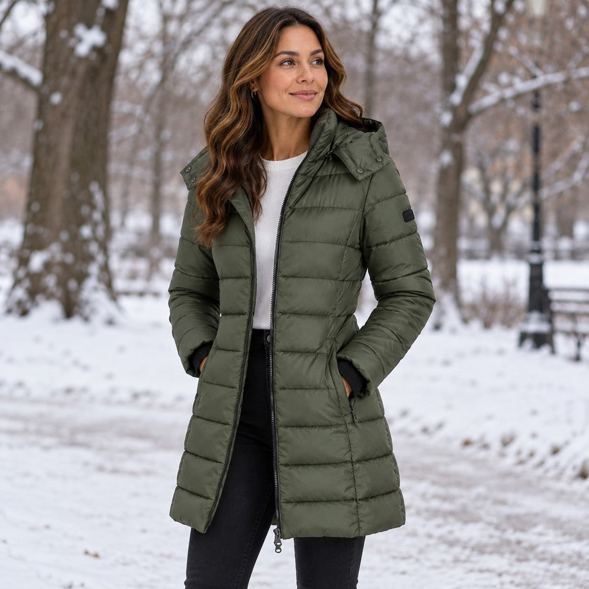 Green long puffer coat with hood in the snow 5