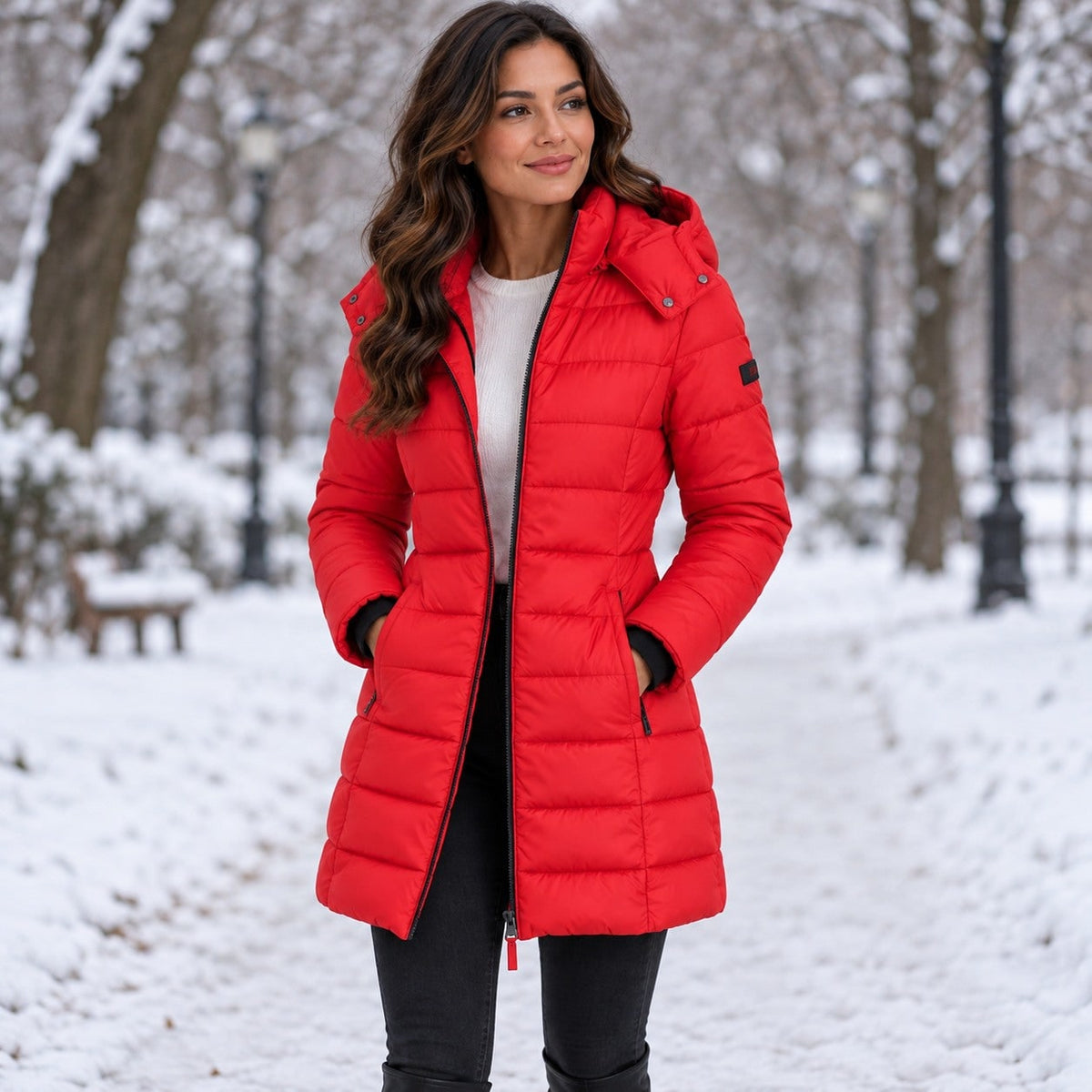 Red long puffer coat with hood in the snow 7