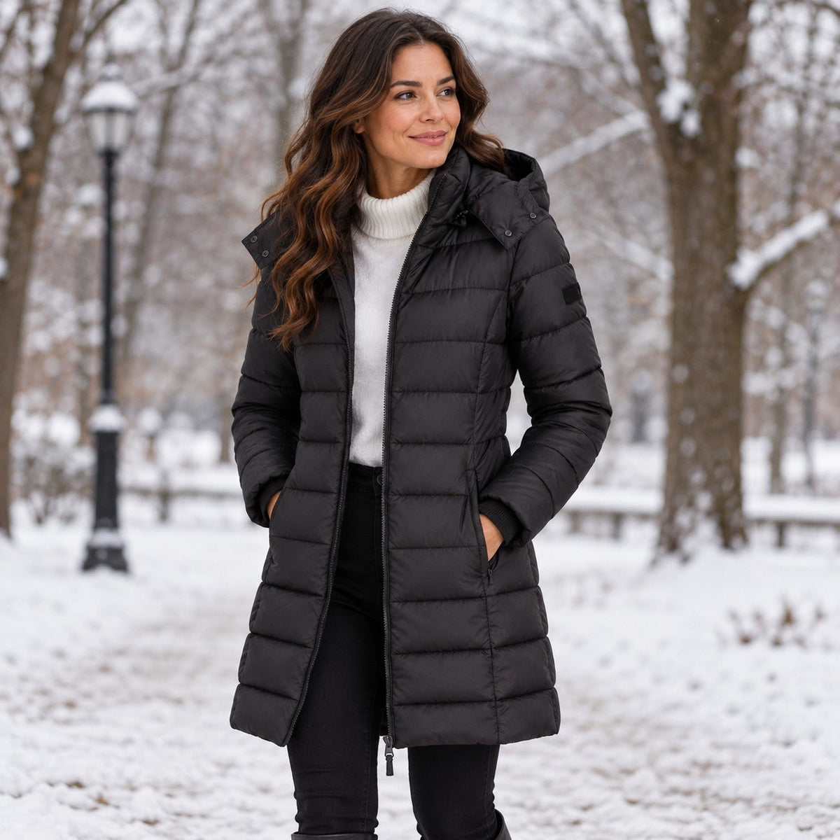 Black long puffer coat with hood in the snow 8