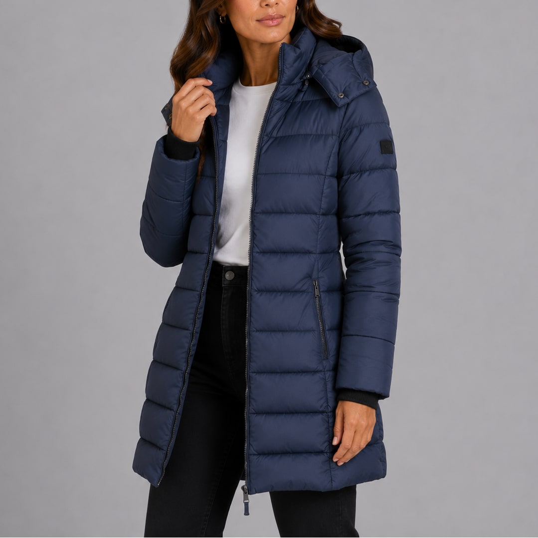 Navy puffer coat worn open, showing the side zip pocket 9