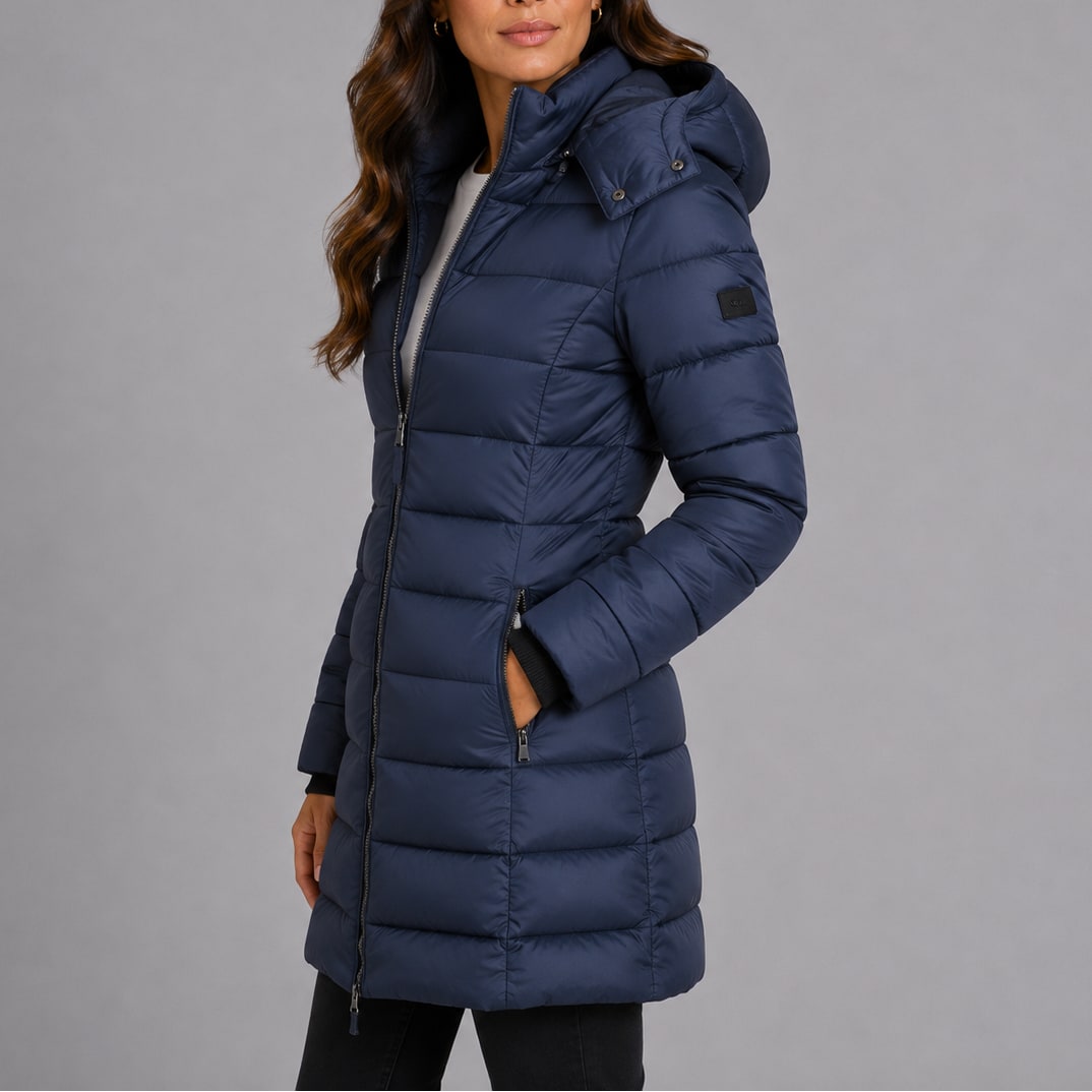 Navy puffer coat side view with quilted sleeves and hood 10
