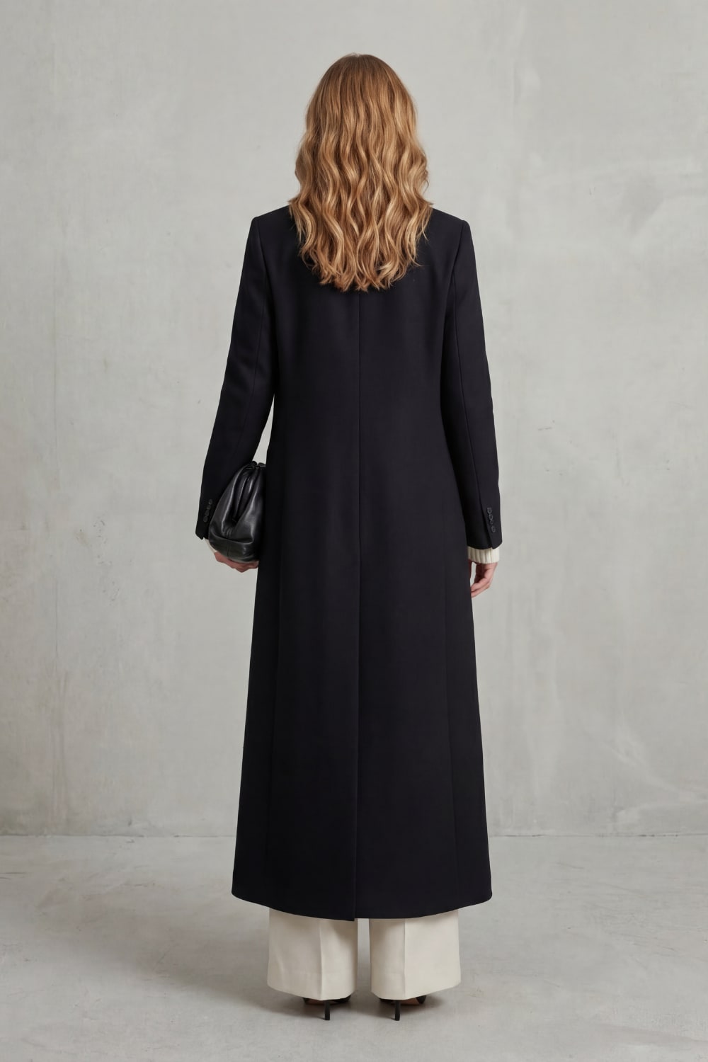 Black long tailored coat, back view 4