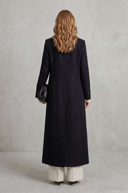 Black long tailored coat, back view 4