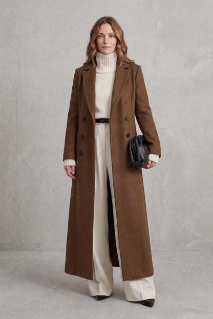 Brown long tailored coat, closer front view 6