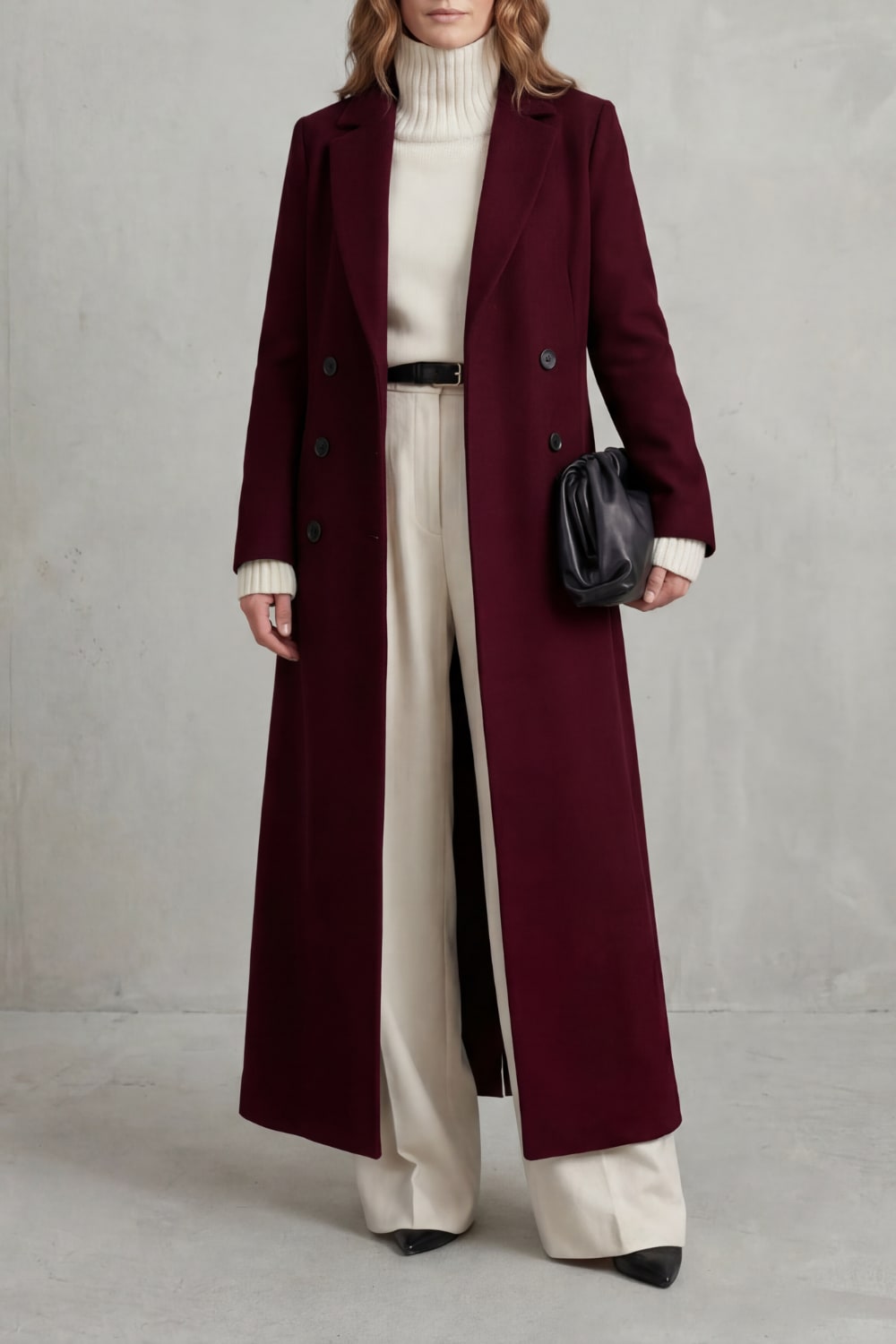 Wine red long tailored double-breasted coat 7