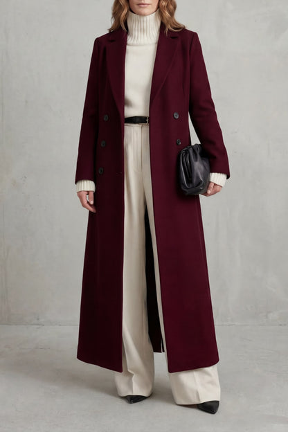 Wine red long tailored double-breasted coat 7