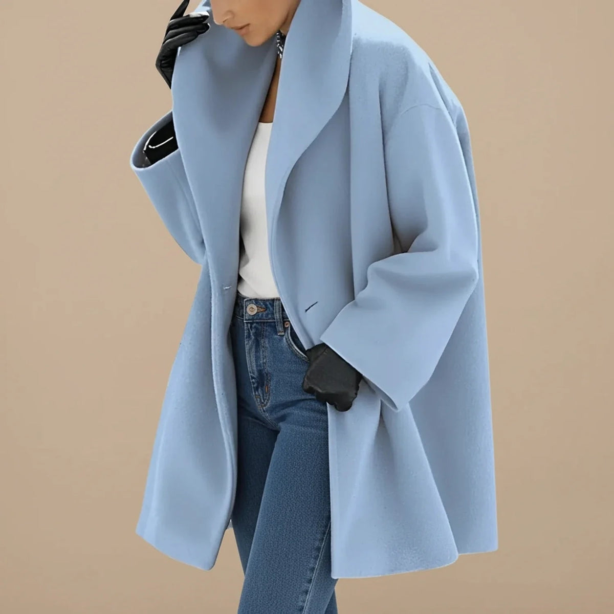 Blue A-line winter coat with wide collar 2