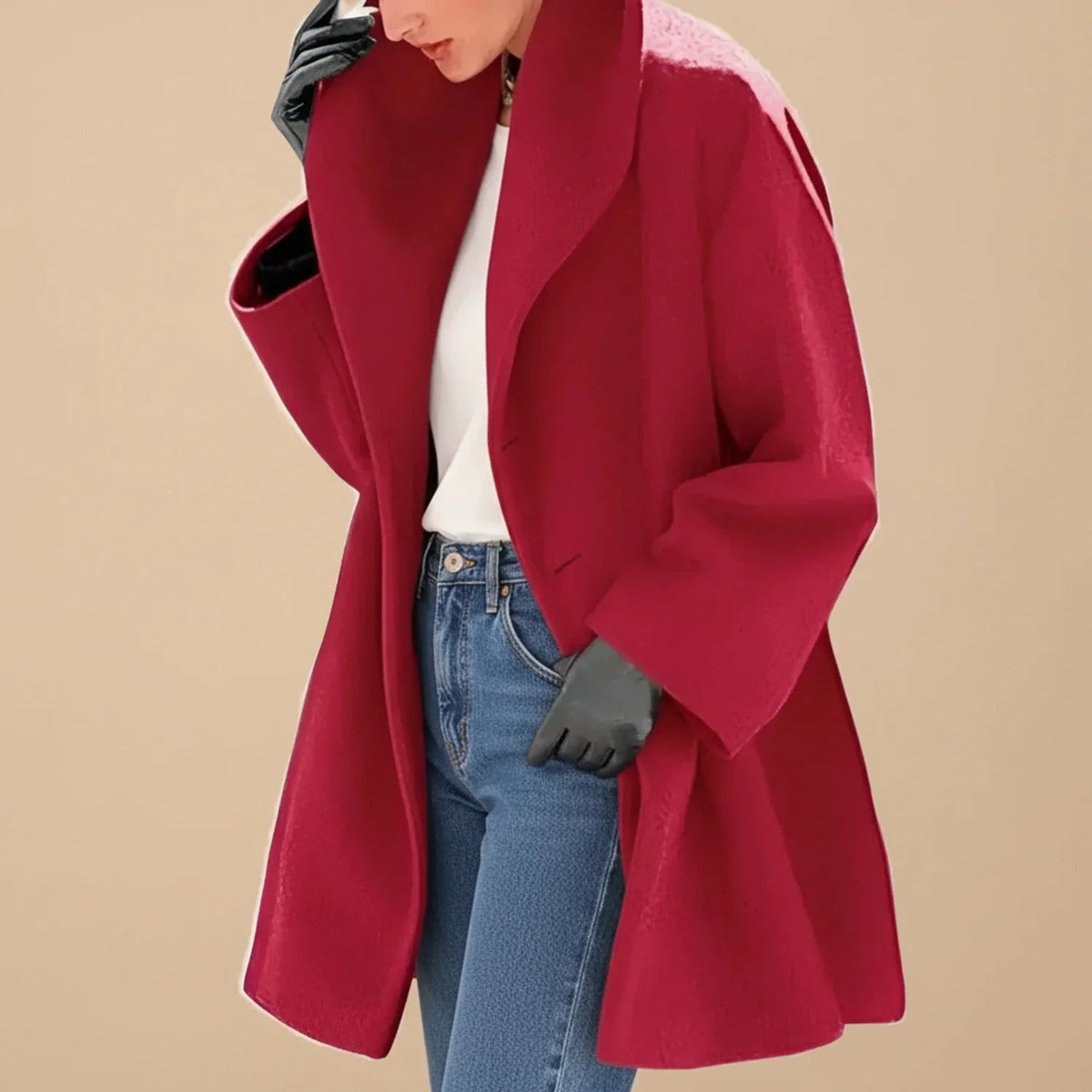 Red A-line winter coat with wide collar 4