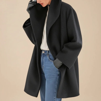 Black A-line winter coat with wide collar 6