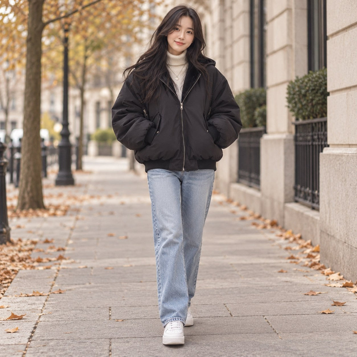Black hooded jacket worn with jeans on an autumn street 1