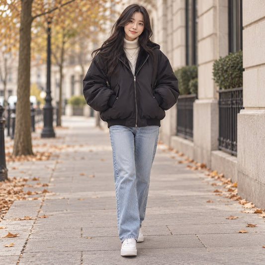 Black hooded jacket worn with jeans on an autumn street 1