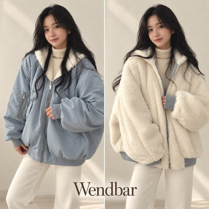Blue reversible jacket worn both ways, with the label Wendbar (reversible) 4