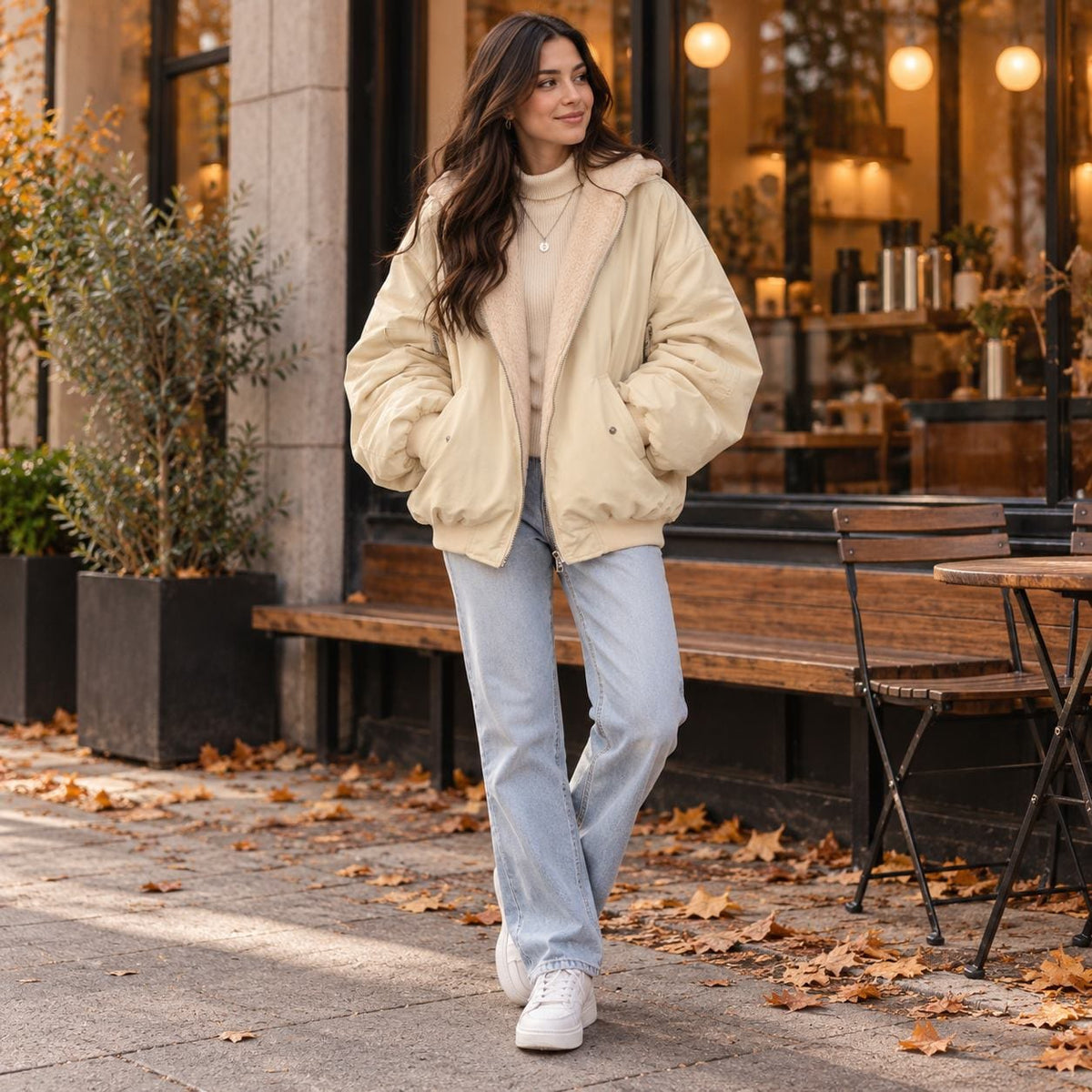 Beige reversible jacket worn with jeans at a cafe 5