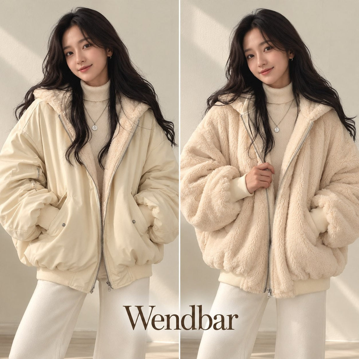 Beige reversible jacket worn both ways, with the label Wendbar (reversible) 7