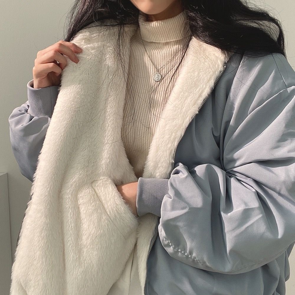 Blue reversible jacket with a soft cream hood lining 8